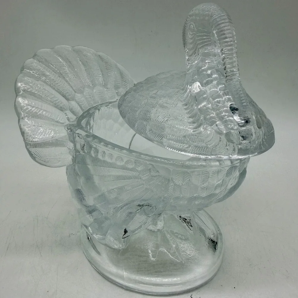 Clear Pressed Glass Turkey Candy Dish Thanksgiving Lidded Centerpiece Vintage